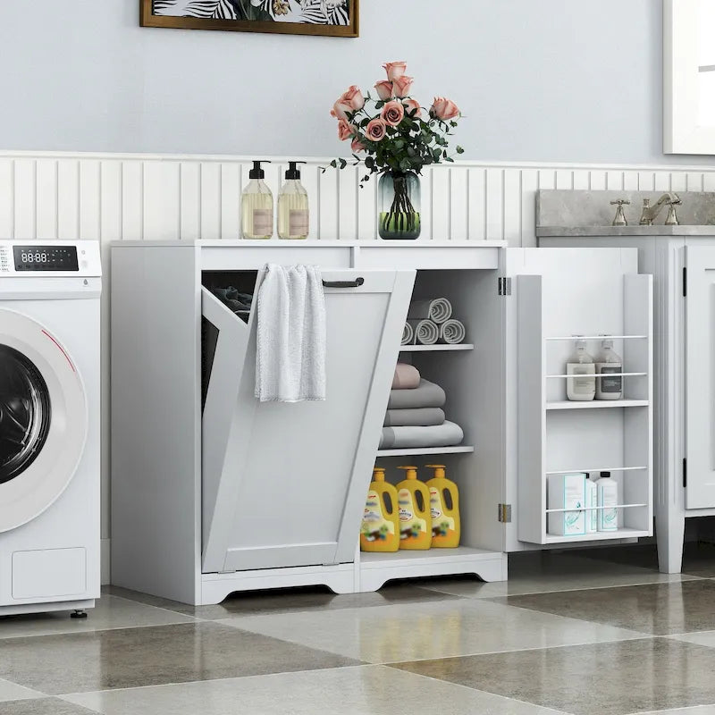 Versatile Freestanding Laundry Cabinet with Adjustable Shelves and Tilt-Out Hamper