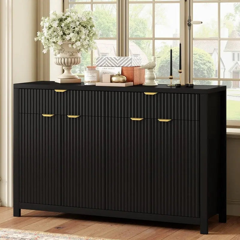 Wave-Patterned Sideboard Featuring 4 Doors, 2 Drawers & 3 Adjustable Shelves, Accented With Sleek Aluminum Arc Handles .