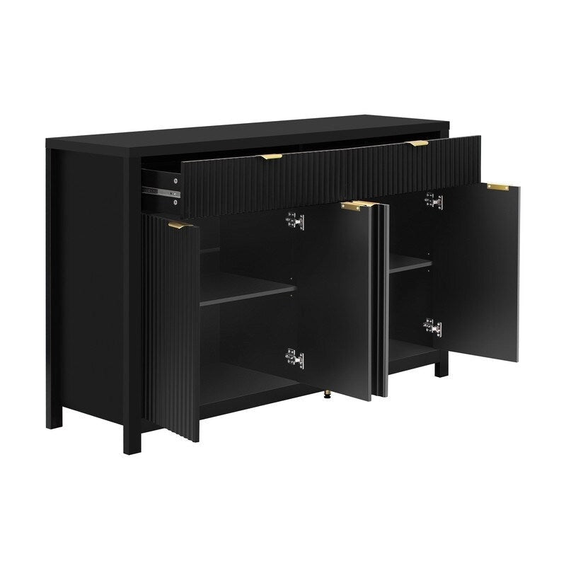 Wave-Patterned Sideboard Featuring 4 Doors, 2 Drawers & 3 Adjustable Shelves, Accented With Sleek Aluminum Arc Handles .