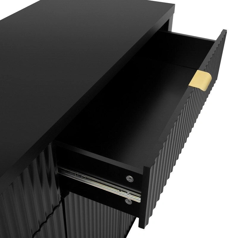 Wave-Patterned Sideboard Featuring 4 Doors, 2 Drawers & 3 Adjustable Shelves, Accented With Sleek Aluminum Arc Handles .