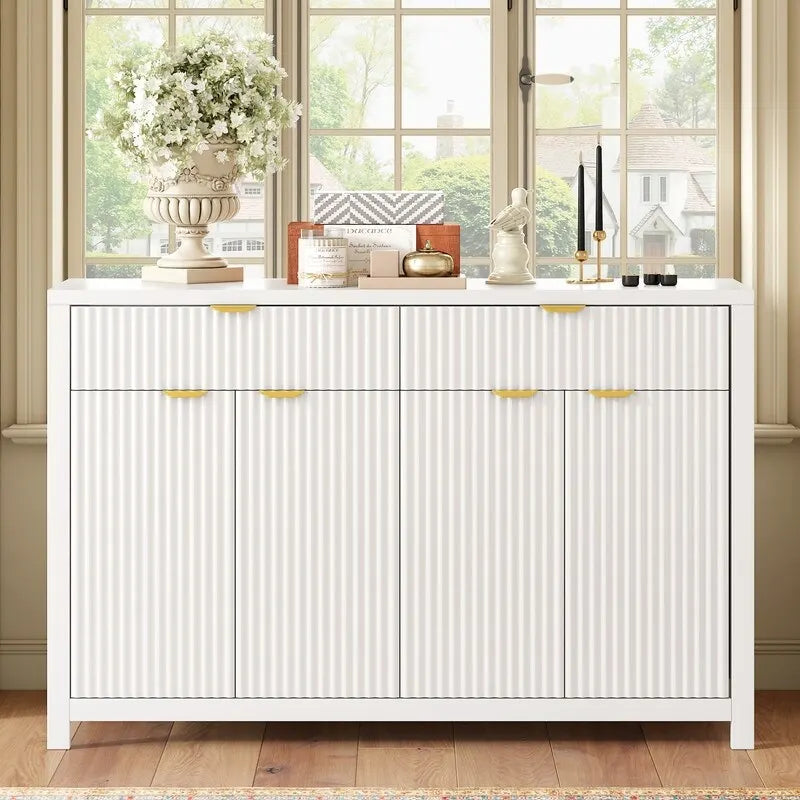 Wave-Patterned Sideboard Featuring 4 Doors, 2 Drawers & 3 Adjustable Shelves, Accented With Sleek Aluminum Arc Handles .