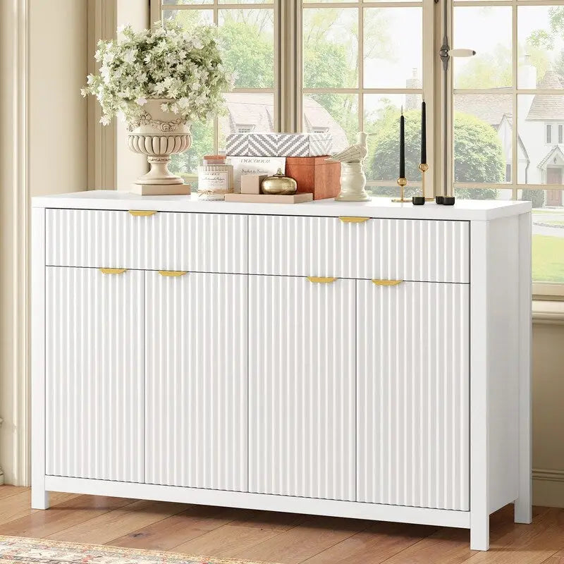 Wave-Patterned Sideboard Featuring 4 Doors, 2 Drawers & 3 Adjustable Shelves, Accented With Sleek Aluminum Arc Handles .