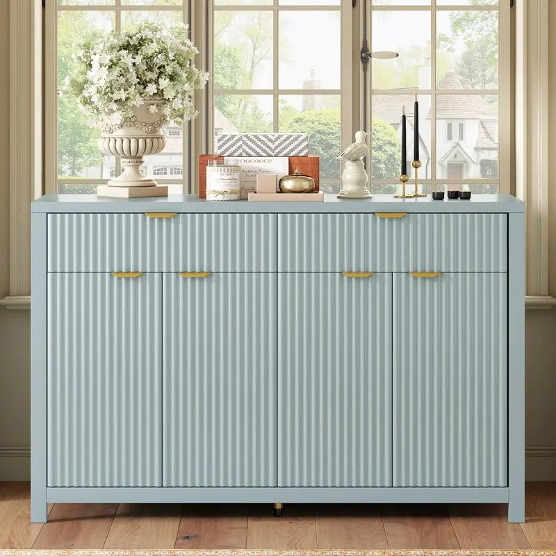 Wave-Patterned Sideboard Featuring 4 Doors, 2 Drawers & 3 Adjustable Shelves, Accented With Sleek Aluminum Arc Handles .