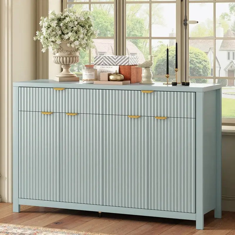 Wave-Patterned Sideboard Featuring 4 Doors, 2 Drawers & 3 Adjustable Shelves, Accented With Sleek Aluminum Arc Handles .