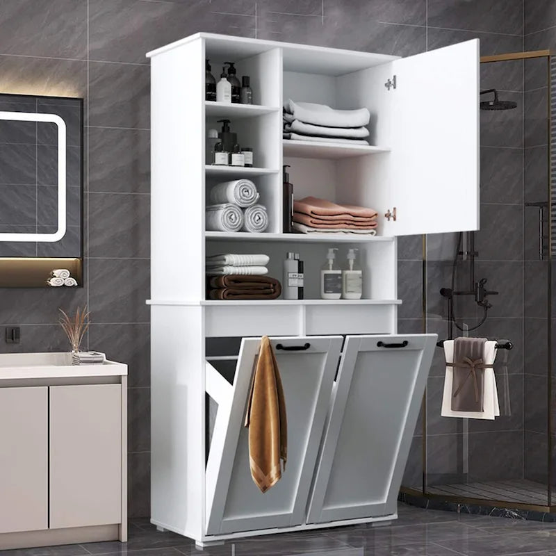 Tall Bathroom Storage Cabinet with Doors and shelf, Freestanding Bathroom Cabinet, Tilt-Out Laundry Hamper