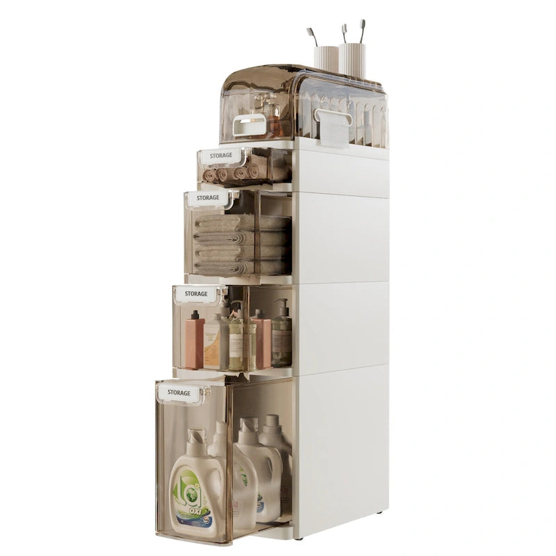 VECELO 5-Tiers Slim Bathroom Storage Cabinet, Narrow Bathroom Storage Organizer Movable for Small Spaces