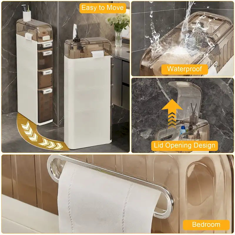 VECELO 5-Tiers Slim Bathroom Storage Cabinet, Narrow Bathroom Storage Organizer Movable for Small Spaces