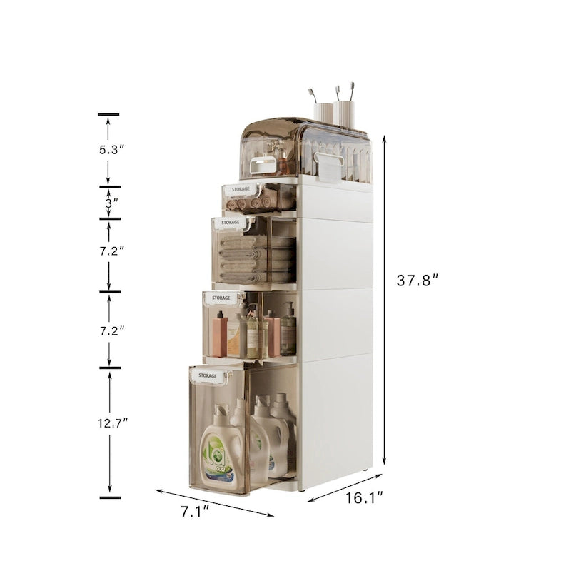 VECELO 5-Tiers Slim Bathroom Storage Cabinet, Narrow Bathroom Storage Organizer Movable for Small Spaces