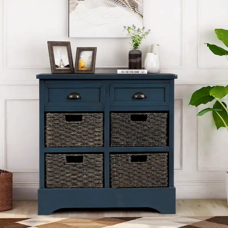Rustic Storage Cabinet with Two Drawers and Four Classic Rattan Basket for Dining Room, Living Room