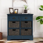 Rustic Storage Cabinet with Two Drawers and Four Classic Rattan Basket for Dining Room, Living Room