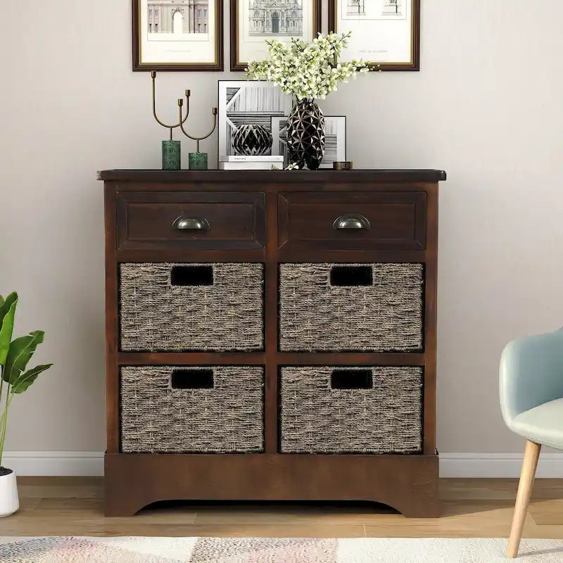 Rustic Storage Cabinet with Two Drawers and Four Classic Rattan Basket for Dining Room, Living Room