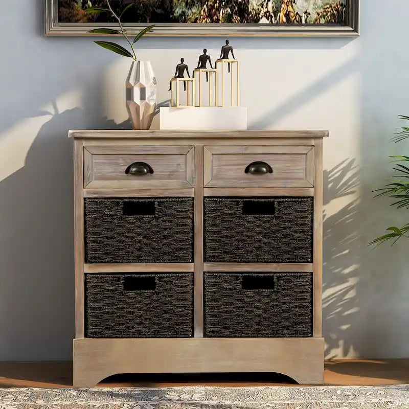 Rustic Storage Cabinet with Two Drawers and Four Classic Rattan Basket for Dining Room, Living Room