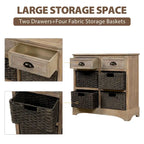 Rustic Storage Cabinet with Two Drawers and Four Classic Rattan Basket for Dining Room, Living Room