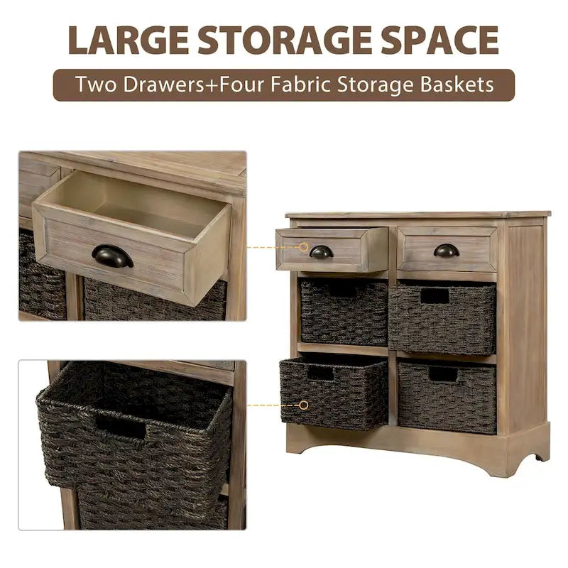 Rustic Storage Cabinet with Two Drawers and Four Classic Rattan Basket for Dining Room, Living Room