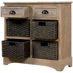 Rustic Storage Cabinet with Two Drawers and Four Classic Rattan Basket for Dining Room, Living Room