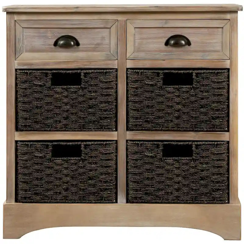 Rustic Storage Cabinet with Two Drawers and Four Classic Rattan Basket for Dining Room, Living Room
