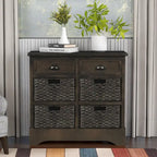 Rustic Storage Cabinet with Two Drawers and Four Classic Rattan Basket for Dining Room, Living Room