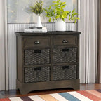 Rustic Storage Cabinet with Two Drawers and Four Classic Rattan Basket for Dining Room, Living Room