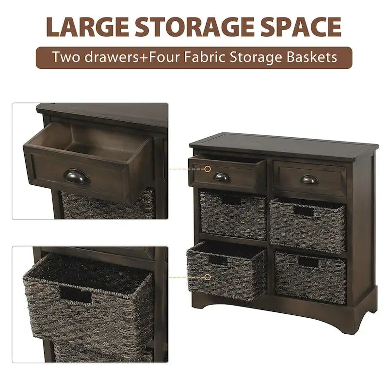Rustic Storage Cabinet with Two Drawers and Four Classic Rattan Basket for Dining Room, Living Room