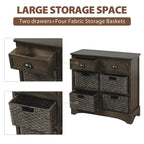 Rustic Storage Cabinet with Two Drawers and Four Classic Rattan Basket for Dining Room, Living Room
