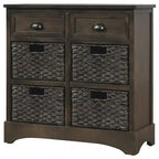 Rustic Storage Cabinet with Two Drawers and Four Classic Rattan Basket for Dining Room, Living Room