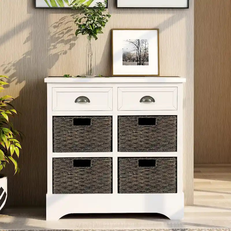 Rustic Storage Cabinet with Two Drawers and Four Classic Rattan Basket for Dining Room, Living Room
