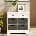 Rustic Storage Cabinet with Two Drawers and Four Classic Rattan Basket for Dining Room, Living Room