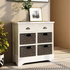 Rustic Storage Cabinet with Two Drawers and Four Classic Rattan Basket for Dining Room, Living Room