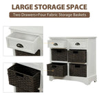 Rustic Storage Cabinet with Two Drawers and Four Classic Rattan Basket for Dining Room, Living Room