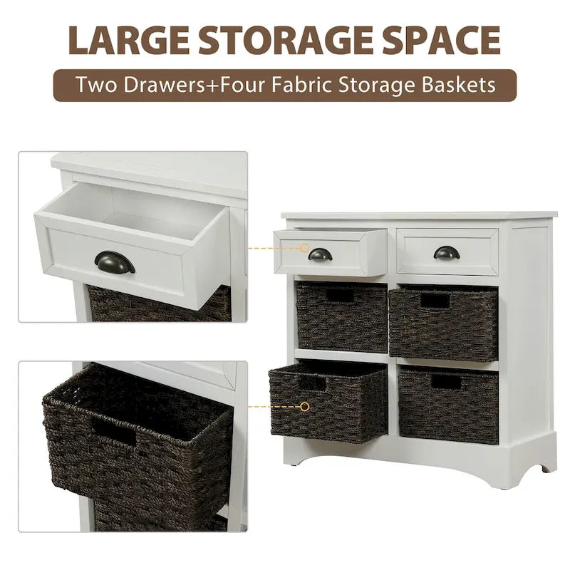 Rustic Storage Cabinet with Two Drawers and Four Classic Rattan Basket for Dining Room, Living Room