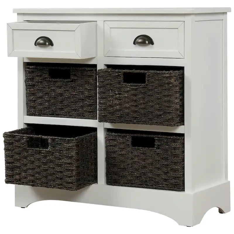 Rustic Storage Cabinet with Two Drawers and Four Classic Rattan Basket for Dining Room, Living Room