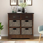 Rustic Storage Cabinet with Two Drawers and Four Classic Rattan Basket for Dining Room, Living Room