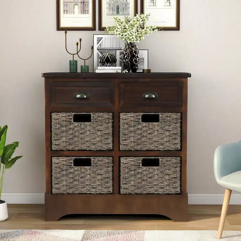 Rustic Storage Cabinet with Two Drawers and Four Classic Rattan Basket for Dining Room, Living Room