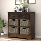 Rustic Storage Cabinet with Two Drawers and Four Classic Rattan Basket for Dining Room, Living Room