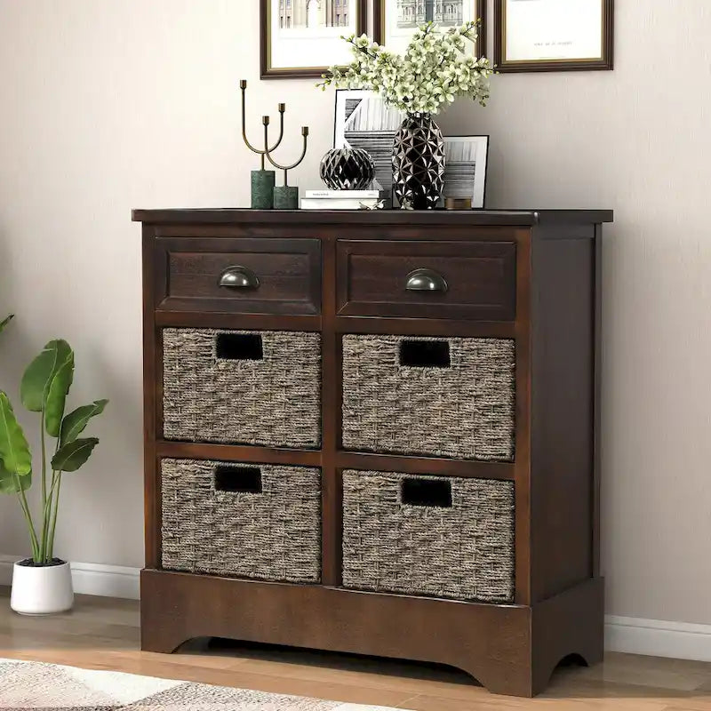 Rustic Storage Cabinet with Two Drawers and Four Classic Rattan Basket for Dining Room, Living Room