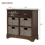 Rustic Storage Cabinet with Two Drawers and Four Classic Rattan Basket for Dining Room, Living Room