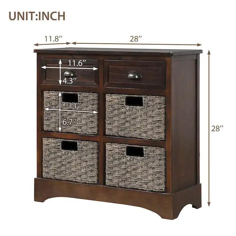 Rustic Storage Cabinet with Two Drawers and Four Classic Rattan Basket for Dining Room, Living Room