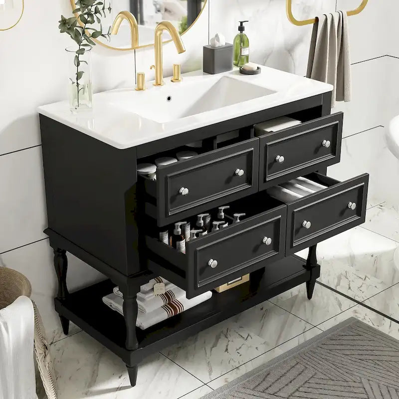 36 Bathroom Vanity Cabinet with Sink Combo Set, Undermount Ceramic Sink, Free Standing Vanity Set with 4 Drawers
