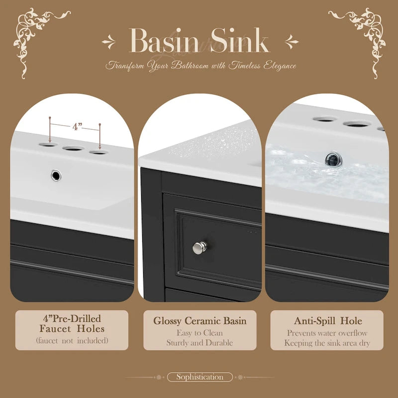 36 Bathroom Vanity Cabinet with Sink Combo Set, Undermount Ceramic Sink, Free Standing Vanity Set with 4 Drawers