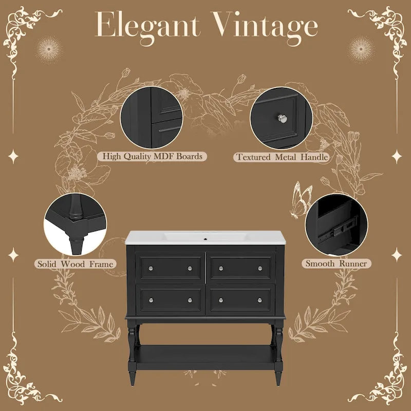 36 Bathroom Vanity Cabinet with Sink Combo Set, Undermount Ceramic Sink, Free Standing Vanity Set with 4 Drawers