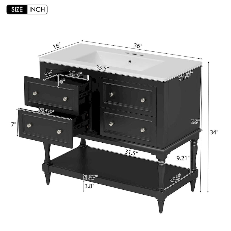 36 Bathroom Vanity Cabinet with Sink Combo Set, Undermount Ceramic Sink, Free Standing Vanity Set with 4 Drawers