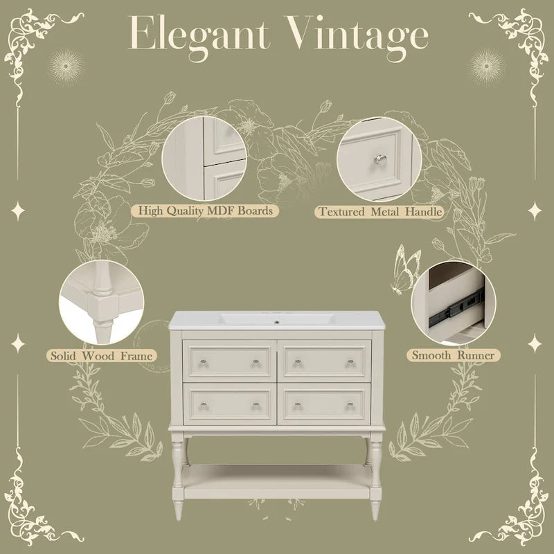 36 Bathroom Vanity Cabinet with Sink Combo Set, Undermount Ceramic Sink, Free Standing Vanity Set with 4 Drawers