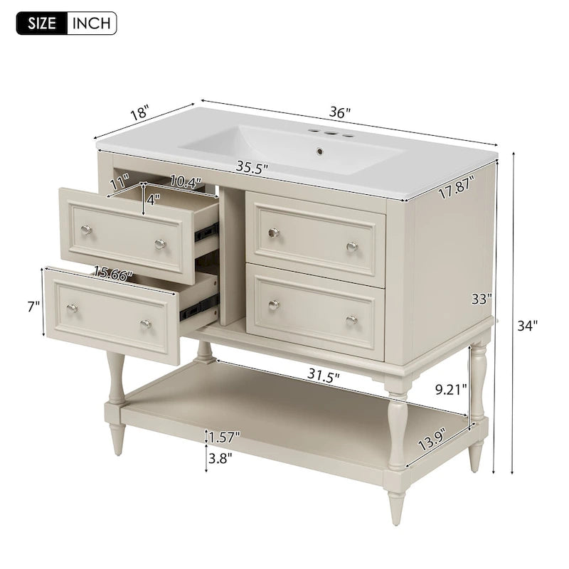 36 Bathroom Vanity Cabinet with Sink Combo Set, Undermount Ceramic Sink, Free Standing Vanity Set with 4 Drawers