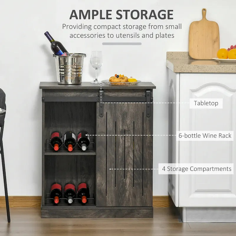 HOMCOM Industrial Sideboard Storage Cabinet, Serving Bar Buffet with Sliding Barn Door and 6-Bottle Wine Rack
