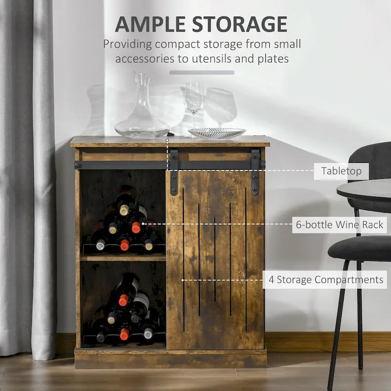 HOMCOM Industrial Sideboard Storage Cabinet, Serving Bar Buffet with Sliding Barn Door and 6-Bottle Wine Rack