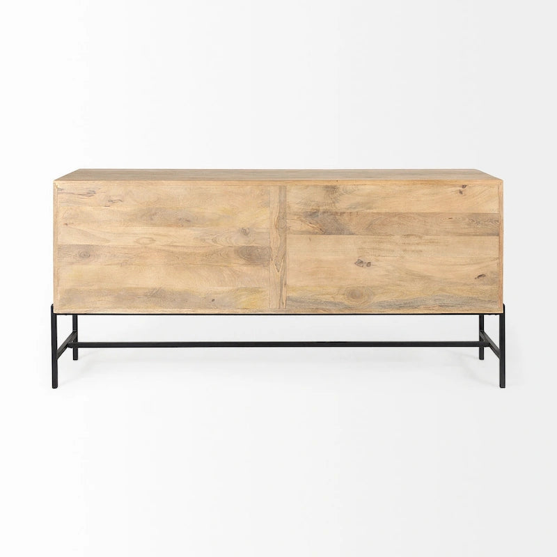 Arelius Light Brown w/ Black Metal Base 4 Door Glass Cabinet Sideboard - 70.0L x 18.0W x 32.0H