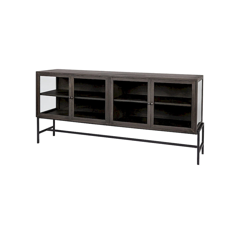 Arelius Light Brown w/ Black Metal Base 4 Door Glass Cabinet Sideboard - 70.0L x 18.0W x 32.0H