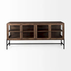 Arelius Light Brown w/ Black Metal Base 4 Door Glass Cabinet Sideboard - 70.0L x 18.0W x 32.0H