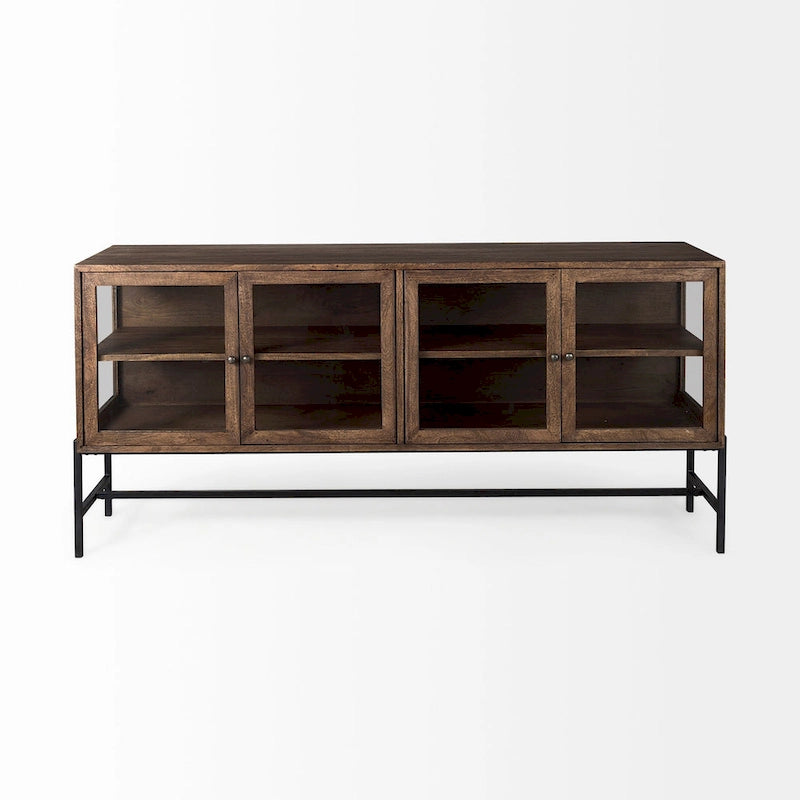 Arelius Light Brown w/ Black Metal Base 4 Door Glass Cabinet Sideboard - 70.0L x 18.0W x 32.0H