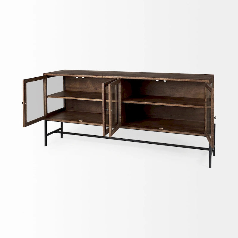 Arelius Light Brown w/ Black Metal Base 4 Door Glass Cabinet Sideboard - 70.0L x 18.0W x 32.0H